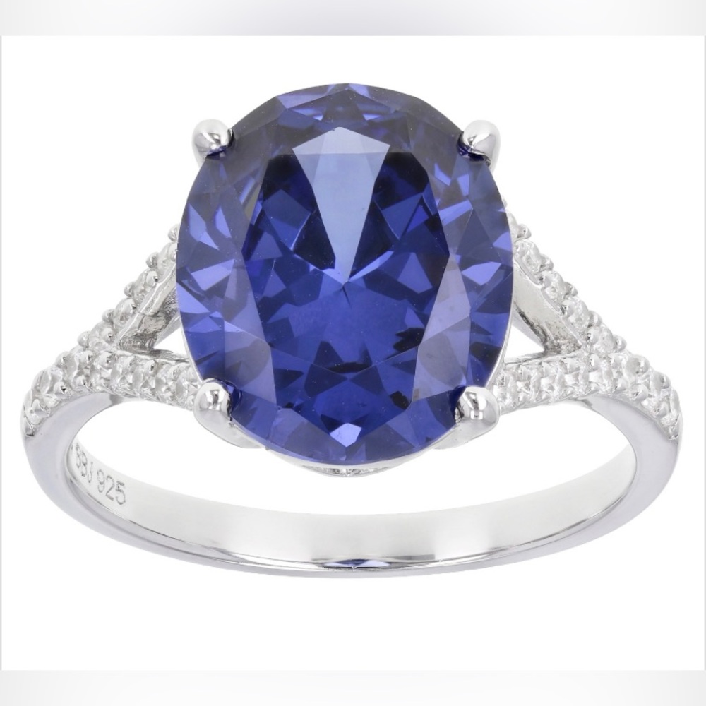 Blue & White CZ Platinum over Sterling Silver Ring Size 12